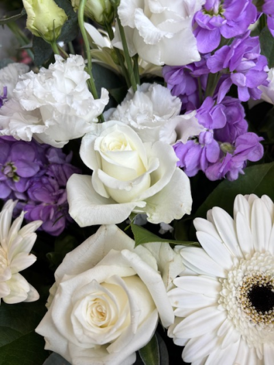 Designer's Choice Cream and Lilac Bouquet - This will be a beautiful bouquet created by one of our talented florists and include a mix of Cream and lilac and purple flowers with a variety of foliage and presented in one of our boxes with food and water for longer lasting stems. If you would like to request specific flowers or colours to be included, please use the request box within the order form. We will do our best to fulfill this but depends on availability. If you would like to spend a different amount to stated, please amend the payment box as you wish.